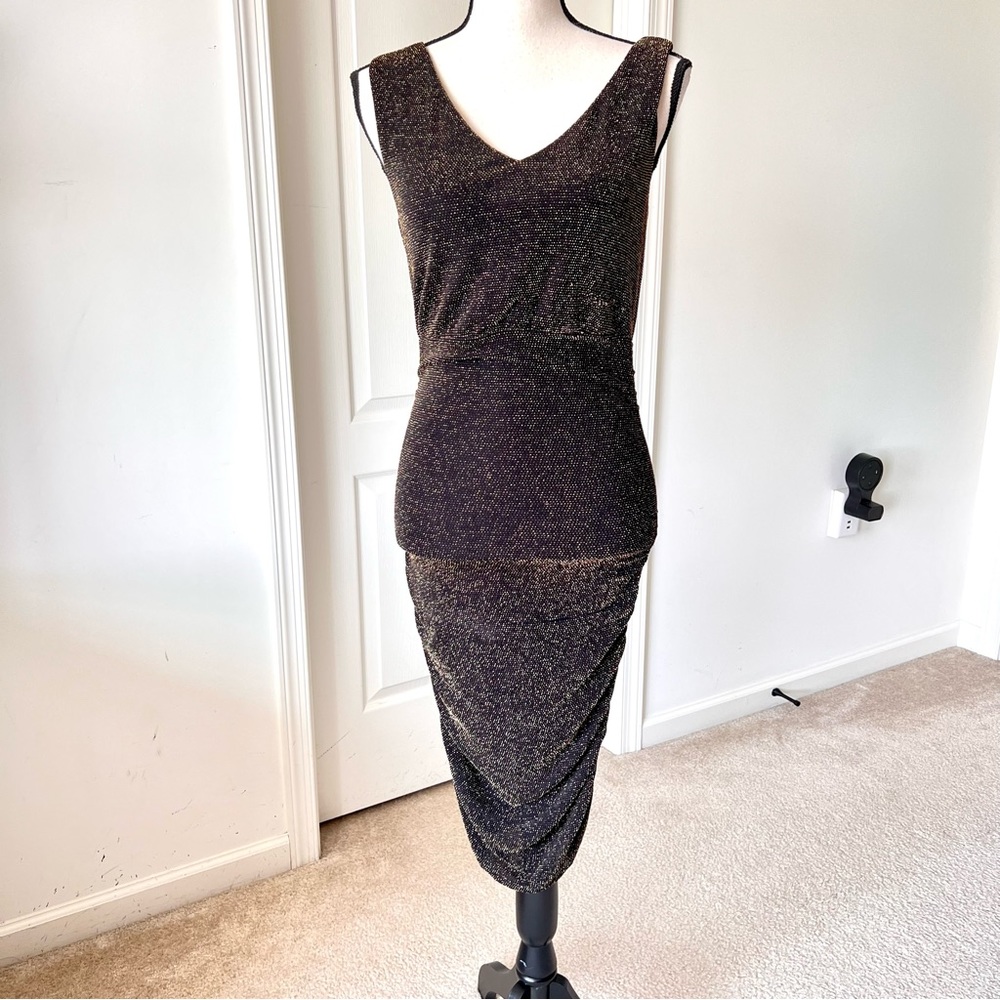 FRENCH CONNECTION Sleeveless Gold Metallic Ruched Body-con Midi Dress—SZ. Small